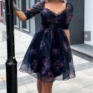 BLUE FLORAL A LINE SPECIAL EVENT ORGANZA DRESS